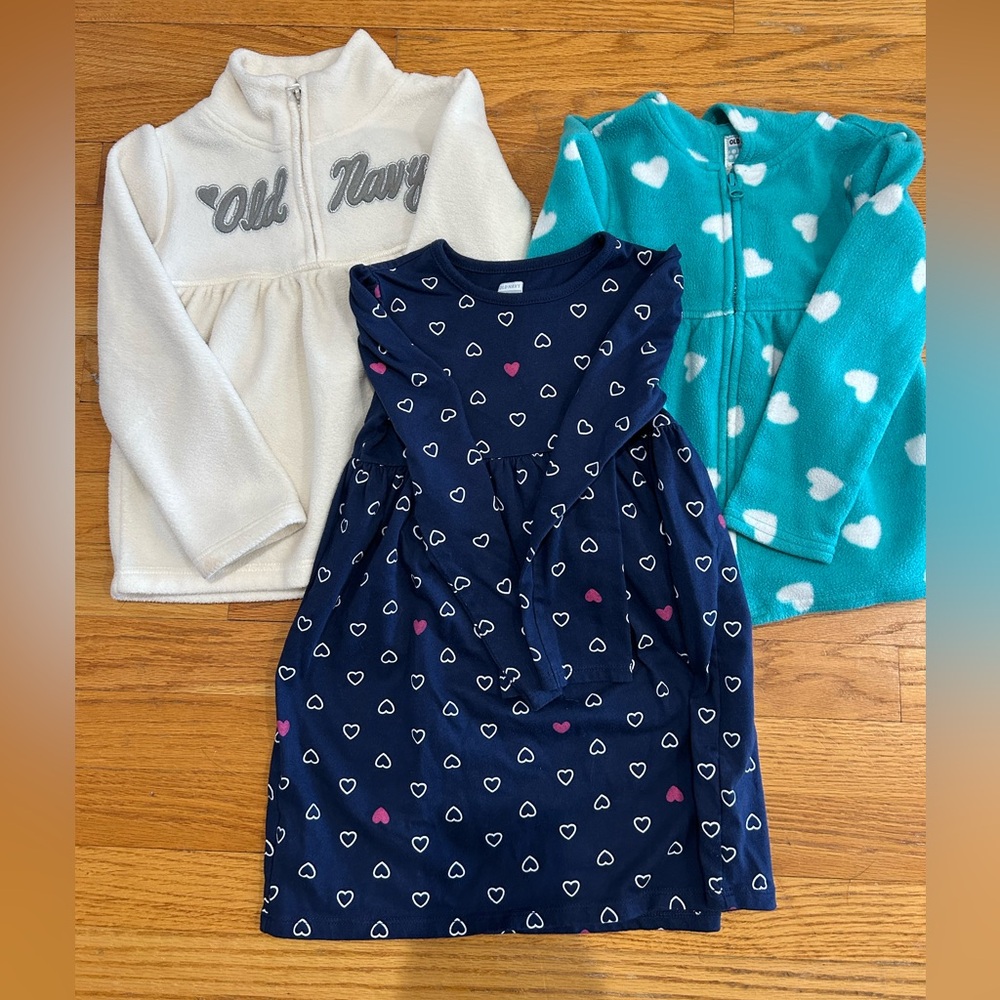 Old Navy clothes. Size 5t. There are two fleece sweatshirts and one dress.